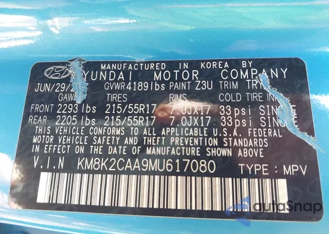 2021 Hyundai Kona Sel z USA, uszkodzony, nr VIN KM8K2CAA9MU617080